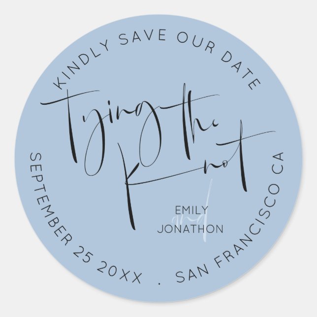 Tying The Knot Script Dusty Blue Save The Date Classic Round Sticker (Front)