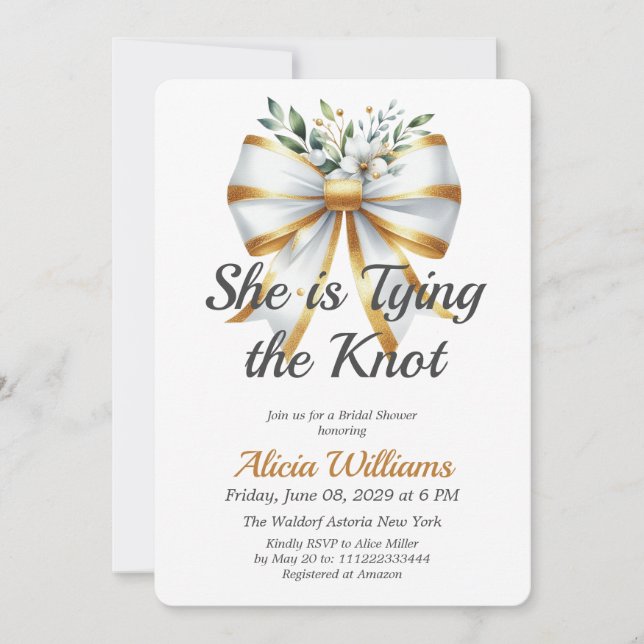Tying the Knot White Bow Floral Bridal Shower Invitation (Front)
