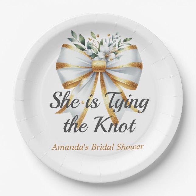 Tying the Knot White Bow Floral Bridal Shower Paper Plates (Front)