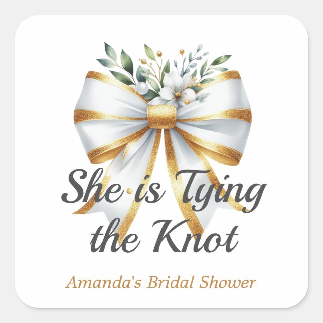Tying the Knot White Bow Floral Bridal Shower Square Sticker (Front)