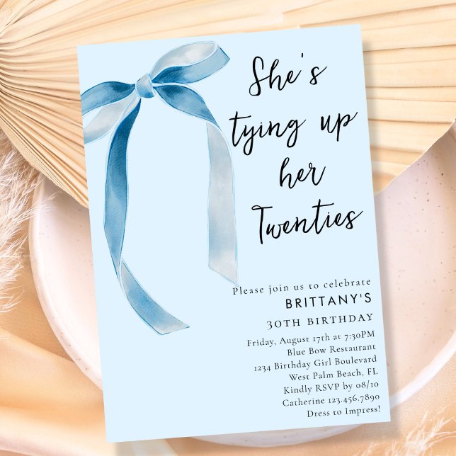 Tying Up My 20s Chic Blue Bow 30th Birthday Party Invitation (Creator Uploaded)