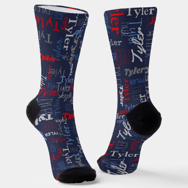 Tyler personalized name red blue gray  socks (Angled)