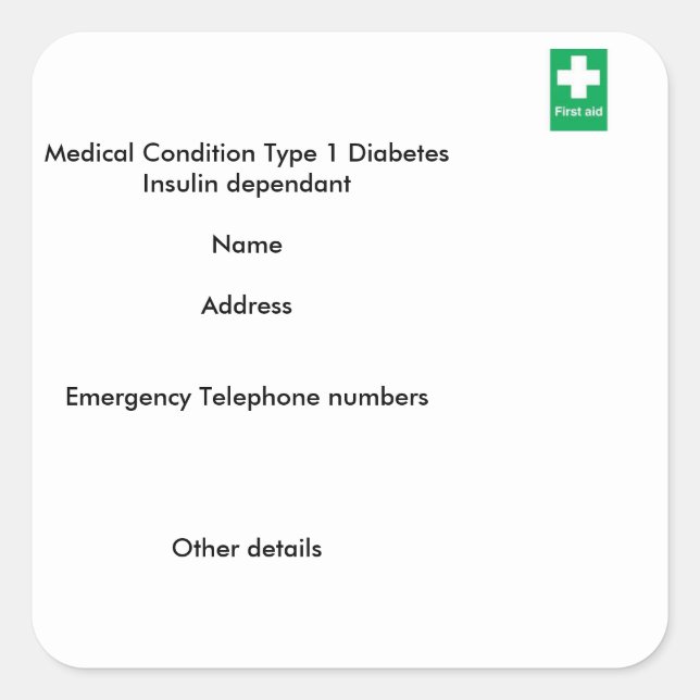 Type 1 diabetes medical alert stickers (Front)