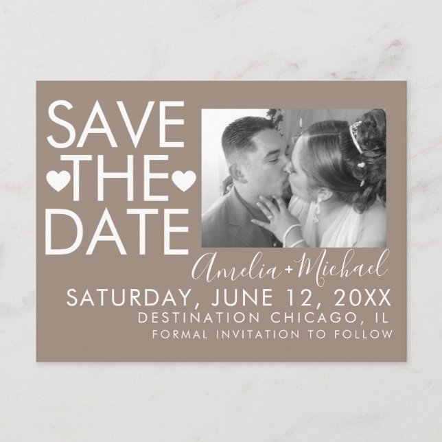 Type and Hearts Save the Date Photo Postcard (Front)