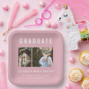 Type graduation multi photo pink and white party paper plates