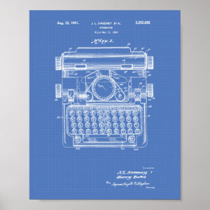 Typewriter 1941 Patent Art - Blueprint Poster