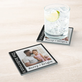 Typewriter - 1 Photo - Merry & Bright Black Glass Coaster