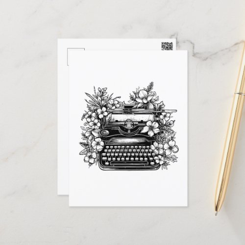 Typewriter and flowers aesthetic postcard