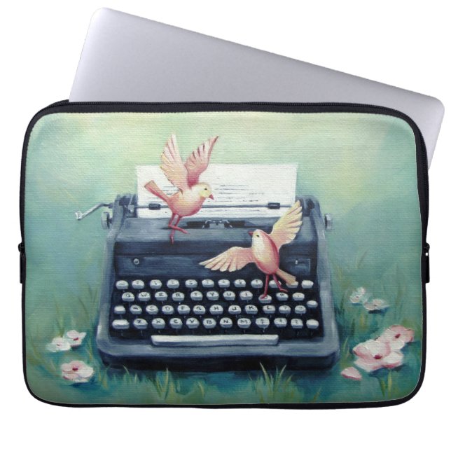 Typewriter & Birds Teal Laptop Computer Sleeve (Front)