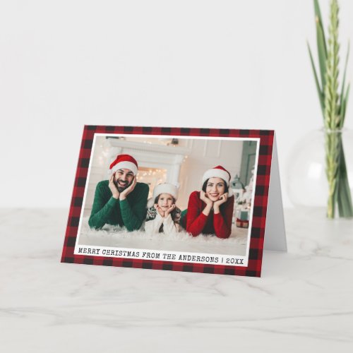 Typewriter Font Christmas Photo Red Plaid Fold Holiday Card
