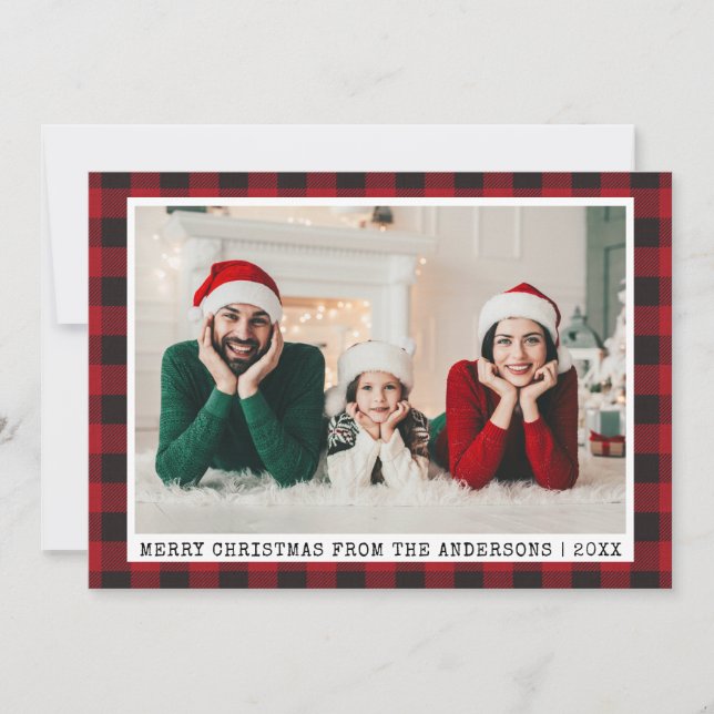 Typewriter Font Christmas Photo Red Plaid Holiday Card (Front)