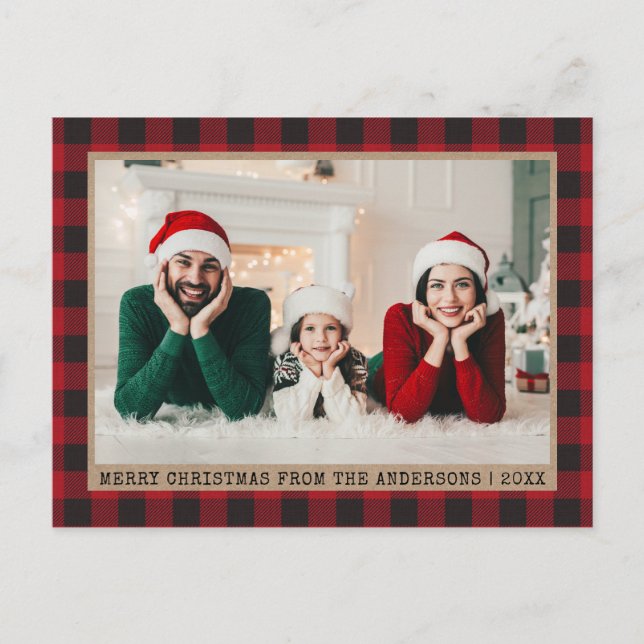 Typewriter Font Christmas Photo Red Plaid Kraft Postcard (Front)