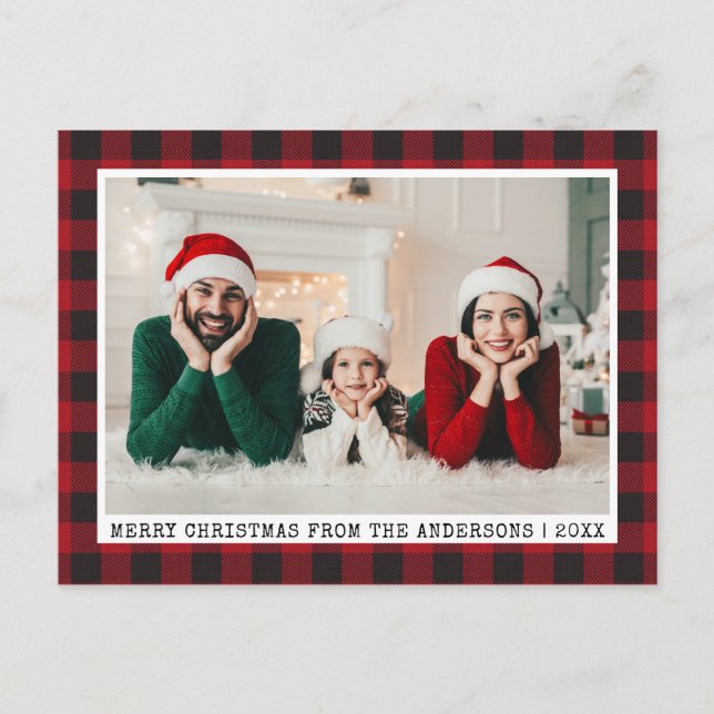 Typewriter Font Christmas Photo Red Plaid Postcard (Front)