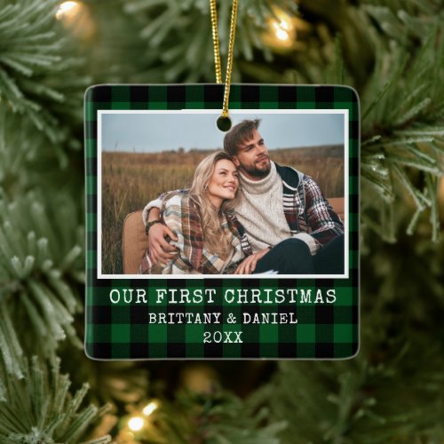 Typewriter Font Green Plaid Couple First Christmas Ceramic Ornament