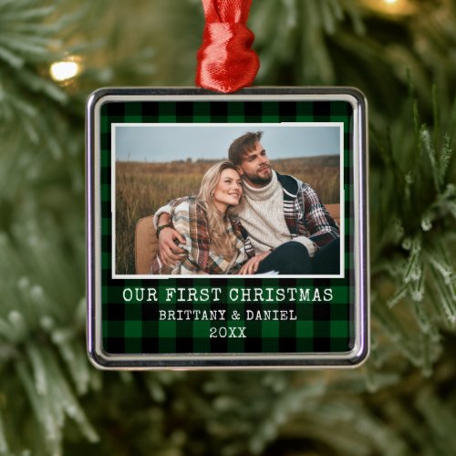 Typewriter Font Green Plaid Couple First Christmas Metal Ornament