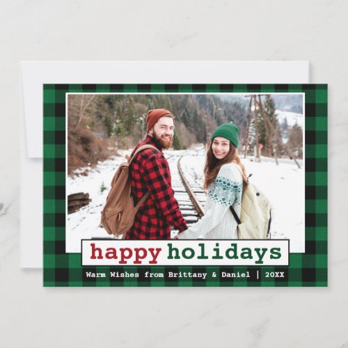 Typewriter Font Happy Holidays Photo Green Plaid Holiday Card