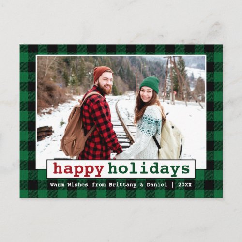 Typewriter Font Happy Holidays Photo Green Plaid Postcard