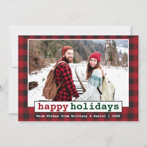 Typewriter Font Happy Holidays Photo Red Plaid Holiday Card