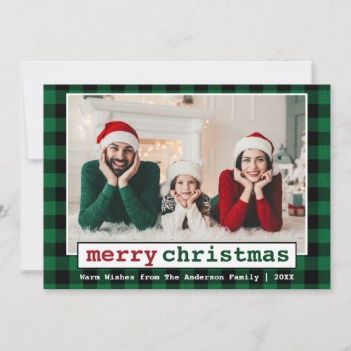 Typewriter Font Merry Christmas Photo Green Plaid Holiday Card