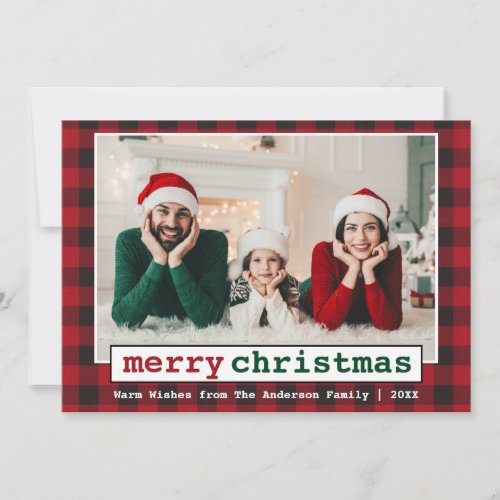 Typewriter Font Merry Christmas Photo Red Plaid Holiday Card