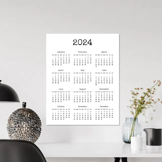 Typewriter font minimalist 2024 calendar poster | Zazzle