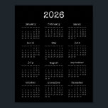 Typewriter font minimalist 2026 Black calendar Poster<br><div class="desc">A modern and simple black poster calendar for the year 2026 with a trendy typewriter font.</div>