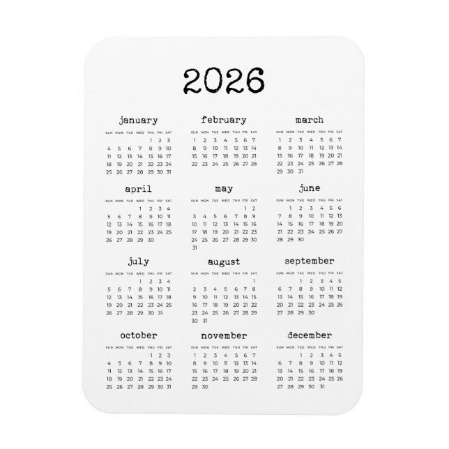 Typewriter font minimalist 2026 calendar magnet (Vertical)