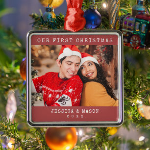 Typewriter Font Red Our First Christmas Photo Metal Ornament