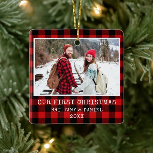 Typewriter Font Red Plaid Couple First Christmas Ceramic Ornament