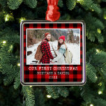 Typewriter Font Red Plaid Couple First Christmas Metal Ornament<br><div class="desc">Trendy Typewriter Font Red Buffalo Plaid Our First Christmas Couple Photo Ornament</div>
