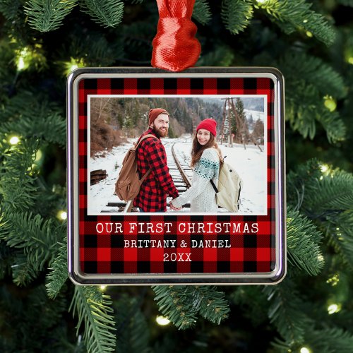 Typewriter Font Red Plaid Couple First Christmas Metal Ornament