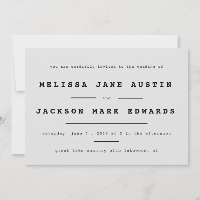 Typewriter Minimalism Stone Gray Wedding Invitation (Front)