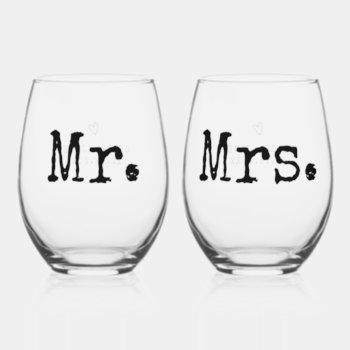 Typewriter Minimalist Typography Mr Mrs Wedding Stemless Wine Glass by Ricaso_Wedding at Zazzle
