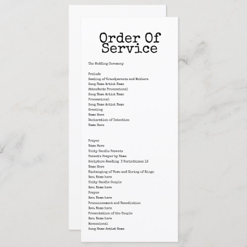 Typewriter Order of Service Wedding Card