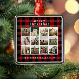 Typewriter Red Plaid Family Photo Collage Metal Ornament