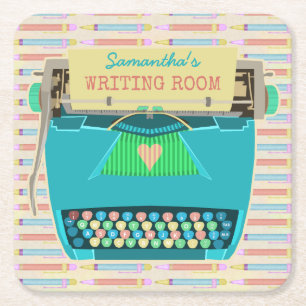 Typewriter Retro Writing Room Authors Custom Name Square Paper Coaster