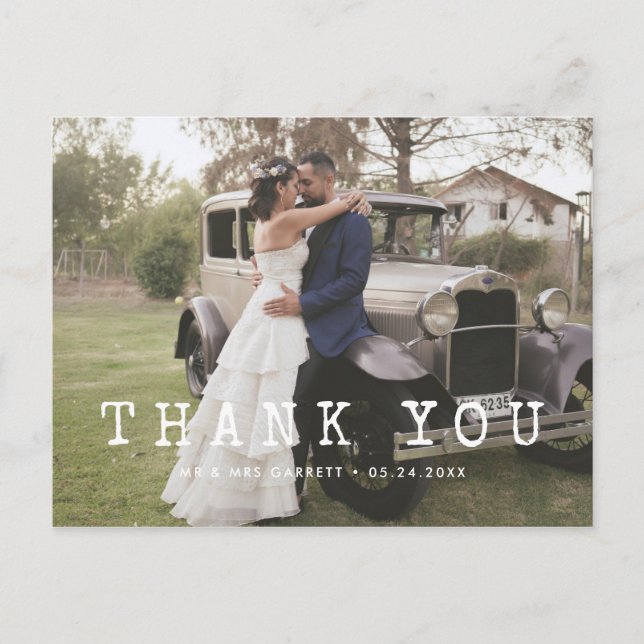 Typewriter script wedding photo thank you postcard (Front)