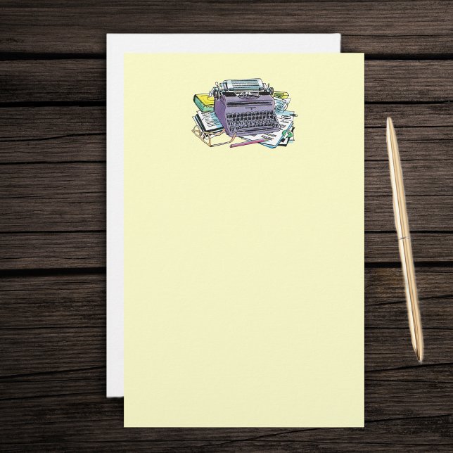 Typewriter Stationary Stationery (Purple manual old fashioned typewriter, books, pencils for writers on yellow stationery paper.)