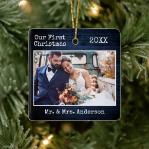 Typewriter Text Blue Wood First Christmas Wedding Ceramic Ornament