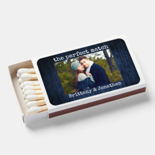 Typewriter Text Couple Photo Blue Wood Wedding Matchboxes