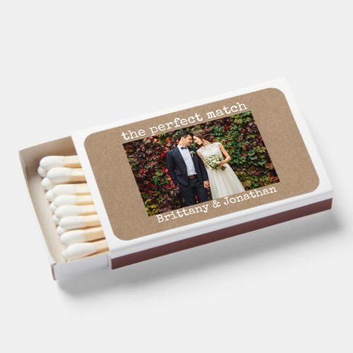 Typewriter Text Couple Photo Kraft Wedding Matchboxes