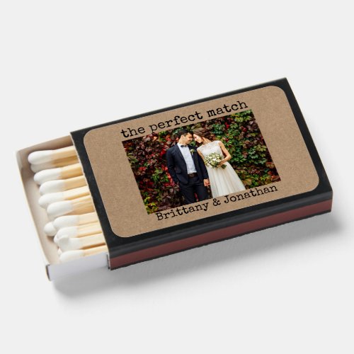 Typewriter Text Couple Photo Wedding Kraft Matchboxes