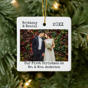 Typewriter Text First Christmas as Mr. and Mrs. Ceramic Ornament