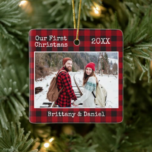 Typewriter Text First Christmas Couple Photo Plaid Ceramic Ornament