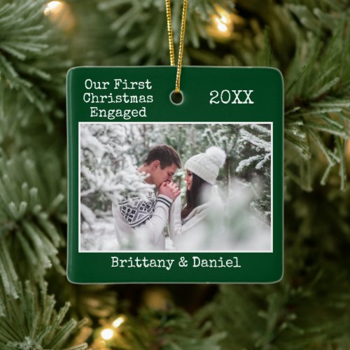 Typewriter Text First Christmas Engaged Green Ceramic Ornament