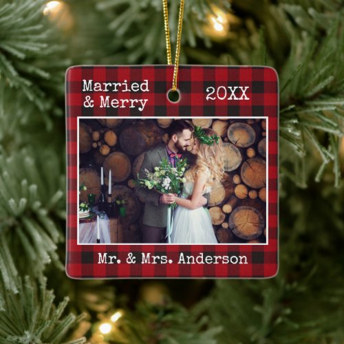 Typewriter Text Married and Merry Plaid Wedding Ceramic Ornament