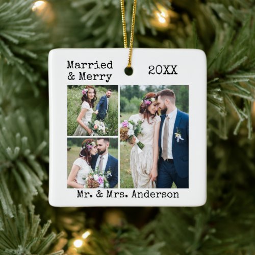 Typewriter Text Married and Merry Wedding 4 Photos Ceramic Ornament