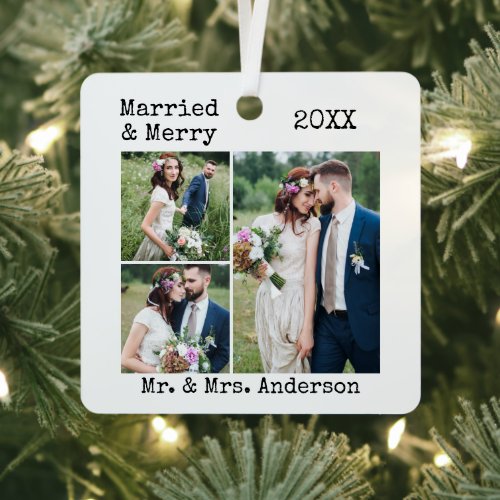 Typewriter Text Married and Merry Wedding 4 Photos Metal Ornament