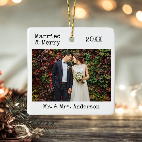 Typewriter Text Married and Merry Wedding Photo Ceramic Ornament