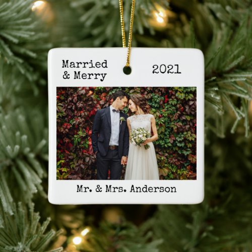 Typewriter Text Married and Merry Wedding Photo Ceramic Ornament